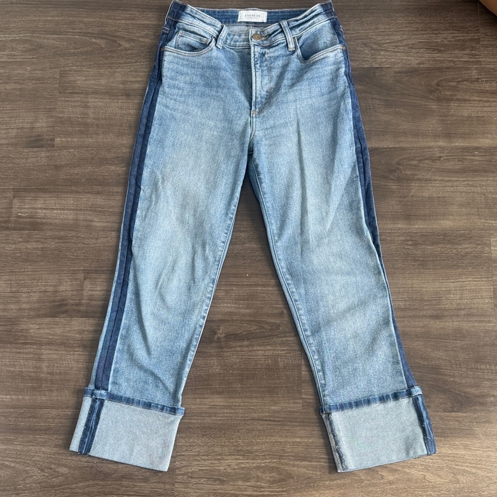 Evereve Ever Straight Two-Tone Light & Dark Blue Side-Striped Boyfriend Jeans